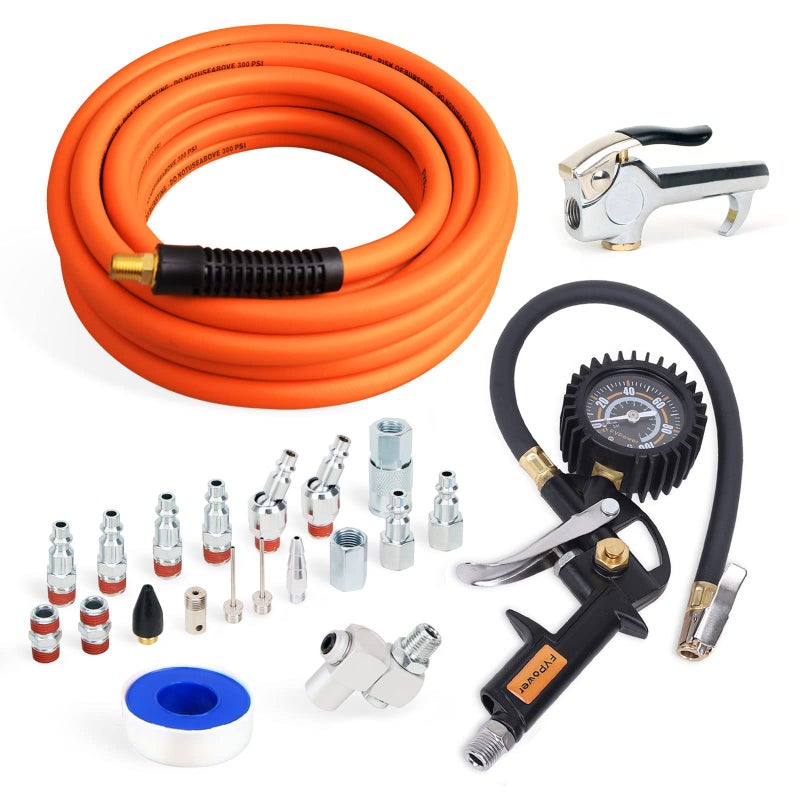 FYPower 22 Pieces Air Compressor Accessories kit, 3/8 inch x 25 ft Hybrid Air Compressor Hose Kit, 1/4" NPT Quick Connect Air Fittings, Tire Inflator Gauge, Heavy Duty Blow Gun, Swivel Plugs - Image 1